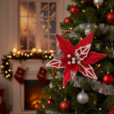 9.4-Inch Red and White Christmas Tree Topper Flower with Silver Sequin Glitter – Festive Poinsettia Style Tree Top Decoration, Christmas Tree Ornament, Holiday Home Christmas Decor for Xmas Tree Topper Party Supplies