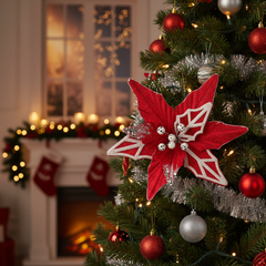 9.4-Inch Red and White Christmas Tree Topper Flower with Silver Sequin Glitter – Festive Poinsettia Style Tree Top Decoration, Christmas Tree Ornament, Holiday Home Christmas Decor for Xmas Tree Topper Party Supplies