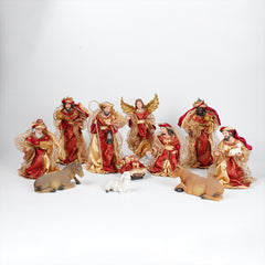12 Inch Fabric Nativity Set Red, set 11pcs,Nativity Christmas Set Red Fabric Clothes, Christmas Resin Scenes Figures Sets Tabletop,Christmas Collectibles Figurines Statue Decor,Handcrafted Resin Nativity Set Fabric Clothes Traditional Christmas Figurine