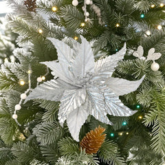 11 Inch Metallic Silver Christmas Flowers,Christmas Glitter Flowers,Faux Flower Christmas Tree Decoration, Glitter Poinsettia Christmas Artificial Flowers,Artificial Flower Velvet Poinsettia Picks,Gold Vein Poinsettia Stem