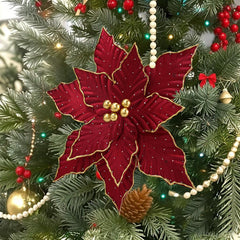 14 Inch Red Christmas Flowers with Diamonds and Gold Edge,Fabric and Felt Poinsettia, Flora Candy Striped Poinsettia Flower Picks, Factory Direct Craft Artificial Flowers for Tree Decorating and Christmas Displays