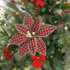 9.5 Inch Country Red Christmas Flowers with Wood Beads,Red Poinsettia with Brown and Tan Plaid, Factory Direct Craft Artificial Flowers for Tree Decorating and Christmas Displays