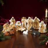12 Inch Fabric Nativity Set Gold, set 11pcs,Nativity Christmas Set Gold Fabric Clothes, Christmas Resin Scenes Figures Sets Tabletop,Christmas Collectibles Figurines Statue Decor,Handcrafted Resin Nativity Set Fabric Clothes Traditional Christmas Figurine