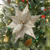 12 Inch Beige Christmas Flowers with Gold Sequins,Ivory Glittered Velvet Poinsettia, Velvet Poinsettia with Sequins, Velvet Poinsettia Stem for Christmas Tree, Artificial Poinsettia Flower for Party, Christmas Artificial Flowers,