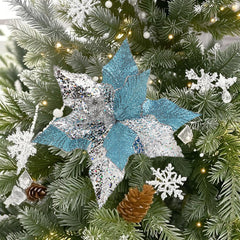 11 Inch Light Blue Christmas Flowers,Christmas Clearance Pink and Blue Christmas Glitter Magnolia Flower Stems, Festive Holiday Tree Decoration, Wreath Ornament, Party Decor, Realistic Artificial Silk Cloth Flowers