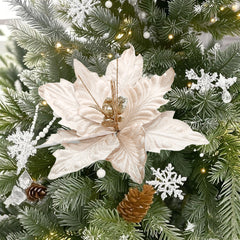 12 Inch Cream Christmas Flowers,Glitter Poinsettia Pick Christmas Tree and Wreath Decoration, Christmas Floristry Decoration, Velvet Poinsettia Stem for Christmas Tree,