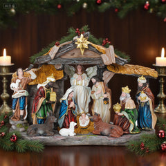 14 Inch Nativity Set in House One Pieces with Lights and music, Battery Oprated, Slient Night,Nativity Christmas Sets Gifts, Christmas Resin Scenes Figures Sets Tabletop, Christmas Collectibles Figurines Statue Decor