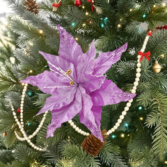 12 Inch Lavender Christmas Flowers with Sequins,Lavender Poinsettia Stem, Christmas Floristry Decoration - Lilac Velvet, Velvet Poinsettia Stem for Christmas Tree, Artificial Poinsettia Flower for Party, Christmas Artificial Flowers