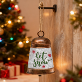 10.5 Inch Vintage Brass Christmas Bell with White Base & Green Lettering, Hanging Christmas Bell Décor, Retro Holiday Ornament, Christmas Wall Hanging, Festive Brass Bell Decoration