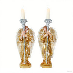 8 Inch Angle Candle Holder S/2,Pair of Angels Candle holder, Resin Angels Statue, Standing Angels, Religious Collectible Angel Sculpture