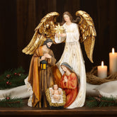 12 Inch Holy Family and Angel,Holy Family Nativity Scene, Big Guidian Angel with Mary, Joseph and baby Jesus, Resin Nativity Angel Scene, Wood Look Angel with Holy Family