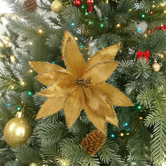 12 Inch Gold Christmas Flowers with Tinsel Edge,Gold Champagne Poinsettia Christmas Picks, Velvet Poinsettia Stem for Christmas Tree, Artificial Poinsettia Flower for Party, Christmas Artificial Flowers