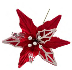 9.4-Inch Red and White Christmas Tree Topper Flower with Silver Sequin Glitter – Festive Poinsettia Style Tree Top Decoration, Christmas Tree Ornament, Holiday Home Christmas Decor for Xmas Tree Topper Party Supplies