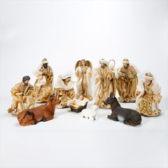 12 Inch Fabric Nativity Set Gold, set 11pcs,Nativity Christmas Set Gold Fabric Clothes, Christmas Resin Scenes Figures Sets Tabletop,Christmas Collectibles Figurines Statue Decor,Handcrafted Resin Nativity Set Fabric Clothes Traditional Christmas Figurine