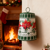 8 Inch White Metal Christmas Bell with Green Plaid Trim and Red Floral Design, Vintage Iron Holiday Hanging Bell, Retro Christmas Decor, Christmas Hanging Ornament, Christmas Bell Decoration
