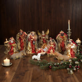 12 Inch Fabric Nativity Set Red, set 11pcs,Nativity Christmas Set Red Fabric Clothes, Christmas Resin Scenes Figures Sets Tabletop,Christmas Collectibles Figurines Statue Decor,Handcrafted Resin Nativity Set Fabric Clothes Traditional Christmas Figurine
