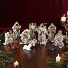 12 Inch Fabric Nativity Set Cream, set 11pcs,Nativity Christmas Set Cream Fabric Clothes, Christmas Resin Scenes Figures Sets Tabletop,Christmas Collectibles Figurines Statue Decor