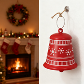 7.7 Inch Red Metal Christmas Bell with White Plaid Trim and Snowflake Pattern, Vintage Christmas Hanging Bell Decoration, Retro Holiday Ornament, Christmas Décor Bell