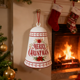 6.1 inch White Bell with Red Floral Trim & “Merry Christmas” Print – Vintage-Style Christmas Hanging Bell, Festive Decorative Bell for Holiday Home Décor