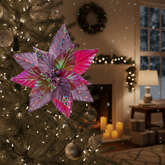 10.2- Inch Fuchsia Iridescent Sequin Christmas Flower Pick, Glitter Poinsettia Ornament for Christmas Tree, Sparkling Holiday Floral Decoration for Xmas Tree & Home Decor