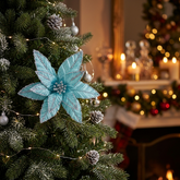 11-Inch Lake Blue Christmas Tree Topper Flower with Silver Glitter Accents, Elegant Holiday Floral Tree Top Decoration, Festive Christmas Ornament for Home & Party Decor