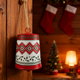 10 inch Vintage Knit-Style White Iron Christmas Bell with Red Trim & Holly Pattern, Retro Christmas Hanging Bell Decoration, Rustic Holiday Wall Hanging, Christmas Bell Ornament