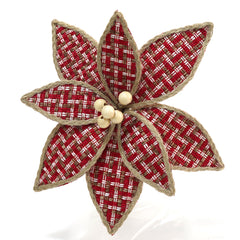 9.5 Inch Country Red Christmas Flowers with Wood Beads,Red Poinsettia with Brown and Tan Plaid, Factory Direct Craft Artificial Flowers for Tree Decorating and Christmas Displays