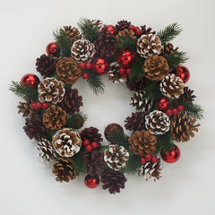 12 Inch Full Cones, Balls and Berries Wreath,Christmas Traditional Woodland Wreath, Candle Holder,Table Centrepiece, Small Wall or Door Hung, Natural Foliage, Pinecone, Red Berries, Snow
