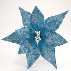 9 Inch Blue Christmas Flowers with Snows,Silk Shinning Sprakled Glitter Poinsettia Artificial Flower for Xmas Tree Christmas Decorations,Festive Holiday Tree Decoration, Wreath Ornament, Party Decor