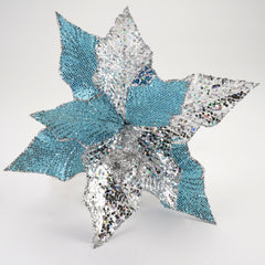 11 Inch Light Blue Christmas Flowers,Christmas Clearance Pink and Blue Christmas Glitter Magnolia Flower Stems, Festive Holiday Tree Decoration, Wreath Ornament, Party Decor, Realistic Artificial Silk Cloth Flowers