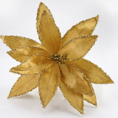 12 Inch Gold Christmas Flowers with Tinsel Edge,Gold Champagne Poinsettia Christmas Picks, Velvet Poinsettia Stem for Christmas Tree, Artificial Poinsettia Flower for Party, Christmas Artificial Flowers