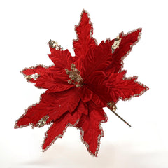 12 Inch Red Christmas Flowers with Gold Glitter,Christmas Glitter Flowers,Faux Flower Christmas Tree Decoration, Glitter Poinsettia Christmas Artificial Flowers,Artificial Flower Velvet Poinsettia Picks,Gold Vein Poinsettia Stem