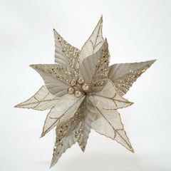 12 Inch Beige Christmas Flowers with Gold Sequins,Ivory Glittered Velvet Poinsettia, Velvet Poinsettia with Sequins, Velvet Poinsettia Stem for Christmas Tree, Artificial Poinsettia Flower for Party, Christmas Artificial Flowers,