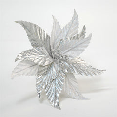 11 Inch Metallic Silver Christmas Flowers,Christmas Glitter Flowers,Faux Flower Christmas Tree Decoration, Glitter Poinsettia Christmas Artificial Flowers,Artificial Flower Velvet Poinsettia Picks,Gold Vein Poinsettia Stem