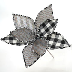 12 Inch Black and Plaid Christmas Flowers,Buffalo plaid poinsettias, fabric plaid burlap farmhouse,Frost Edge Country Check Poinsettia Stem,Black White Plaid Poinsettias