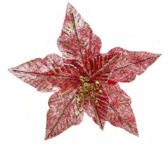 7.8-Inch Red Christmas Poinsettia Flower Pick with Gold Glitter, Artificial Christmas Tree Topper Flower, Festive Tree Decoration Ornament for Holiday Home Decor