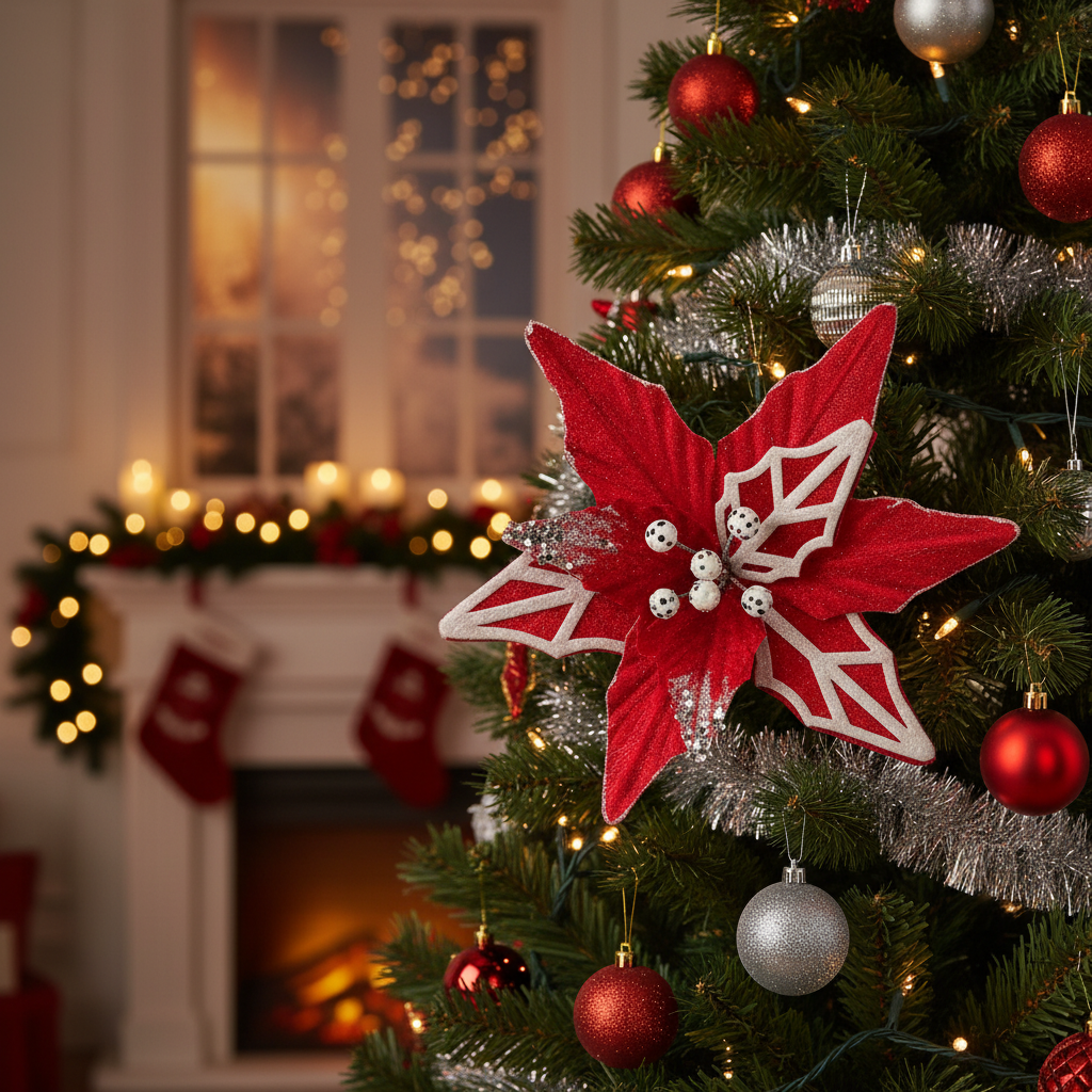 9.4-Inch Red and White Christmas Tree Topper Flower with Silver Sequin Glitter – Festive Poinsettia Style Tree Top Decoration, Christmas Tree Ornament, Holiday Home Christmas Decor for Xmas Tree Topper Party Supplies