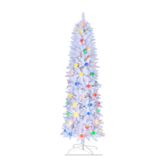 60 Inch White PVC Slim Artificial Christmas Tree w/ Colorfull Ball Lights，Classical Balsam Fir Tree for Christmas, Traditional Scotch Pine Dark Green Tall Tress, Wite Pink Black Green PVC  Artificial Christmas Tree w/lights