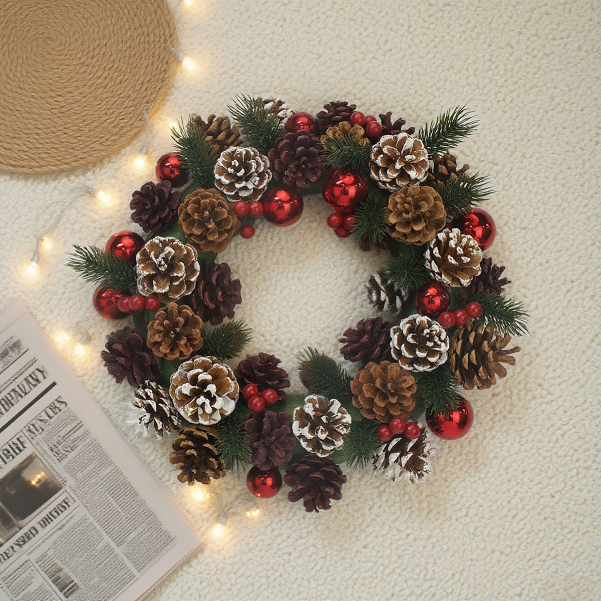 12 Inch Full Cones, Balls and Berries Wreath，Christmas Traditional Woodland Wreath, Candle Holder,Table Centrepiece, Small Wall or Door Hung, Natural Foliage, Pinecone, Red Berries, Snow