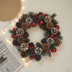 12 Inch Full Cones, Balls and Berries Wreath，Christmas Traditional Woodland Wreath, Candle Holder,Table Centrepiece, Small Wall or Door Hung, Natural Foliage, Pinecone, Red Berries, Snow