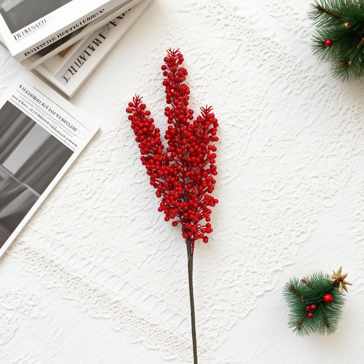 25 Inch Berries Pick ，Red Berry Bunch Christmas Decorative Acacia Beans Artificial Hollyberries Christmas Long Stem Pick Holly Berries, High Quality Competitive Price Artifical Red Flower Holly Berries for Christmas Daily Decor