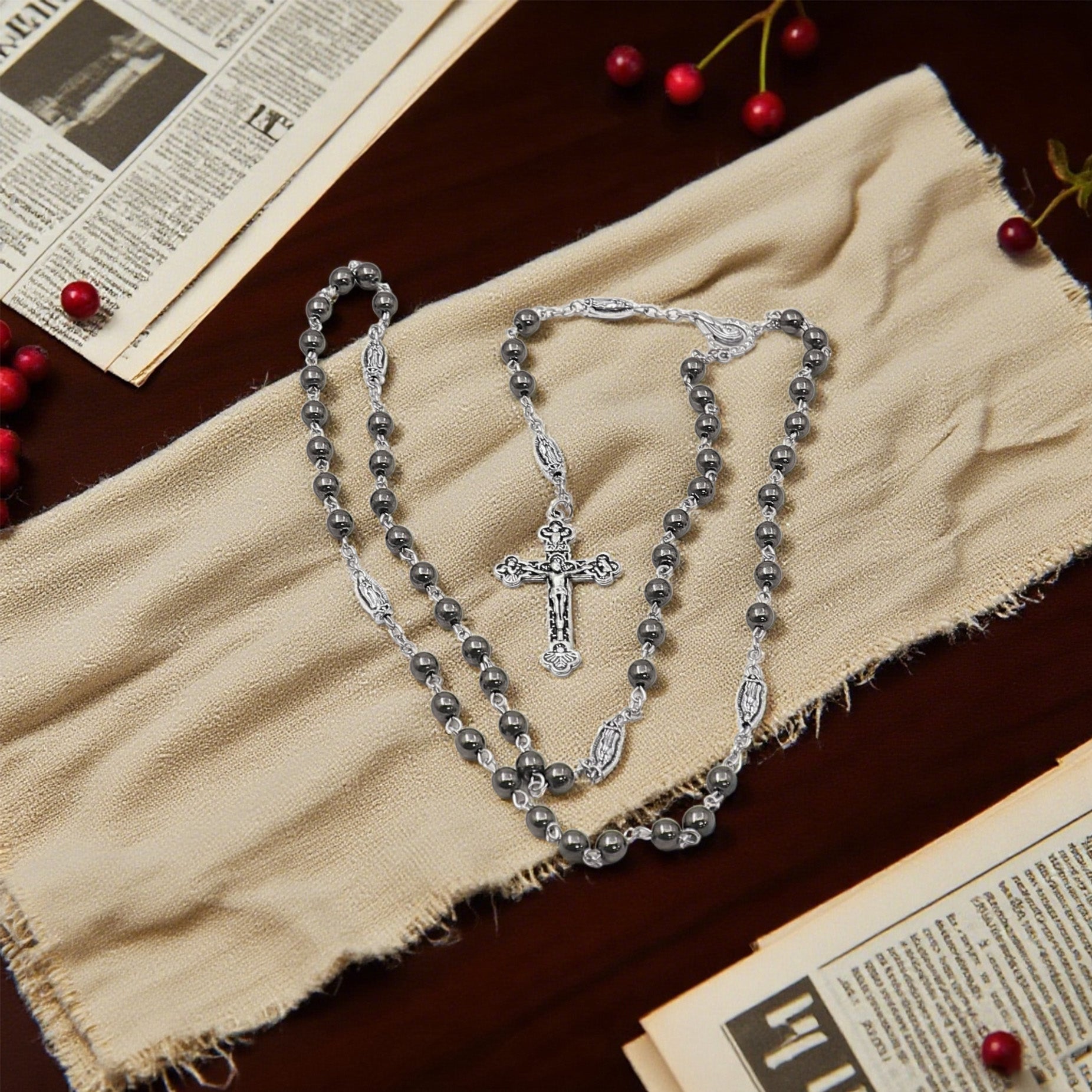 Grey 8mm Beads Rosary with our lady of gudalupe medal and Crucifix，Religious Gift Rosaries, Catholic Rosary Necklace, Beads Rosaries, Jesus Crucifix Cross Rosary for prayer