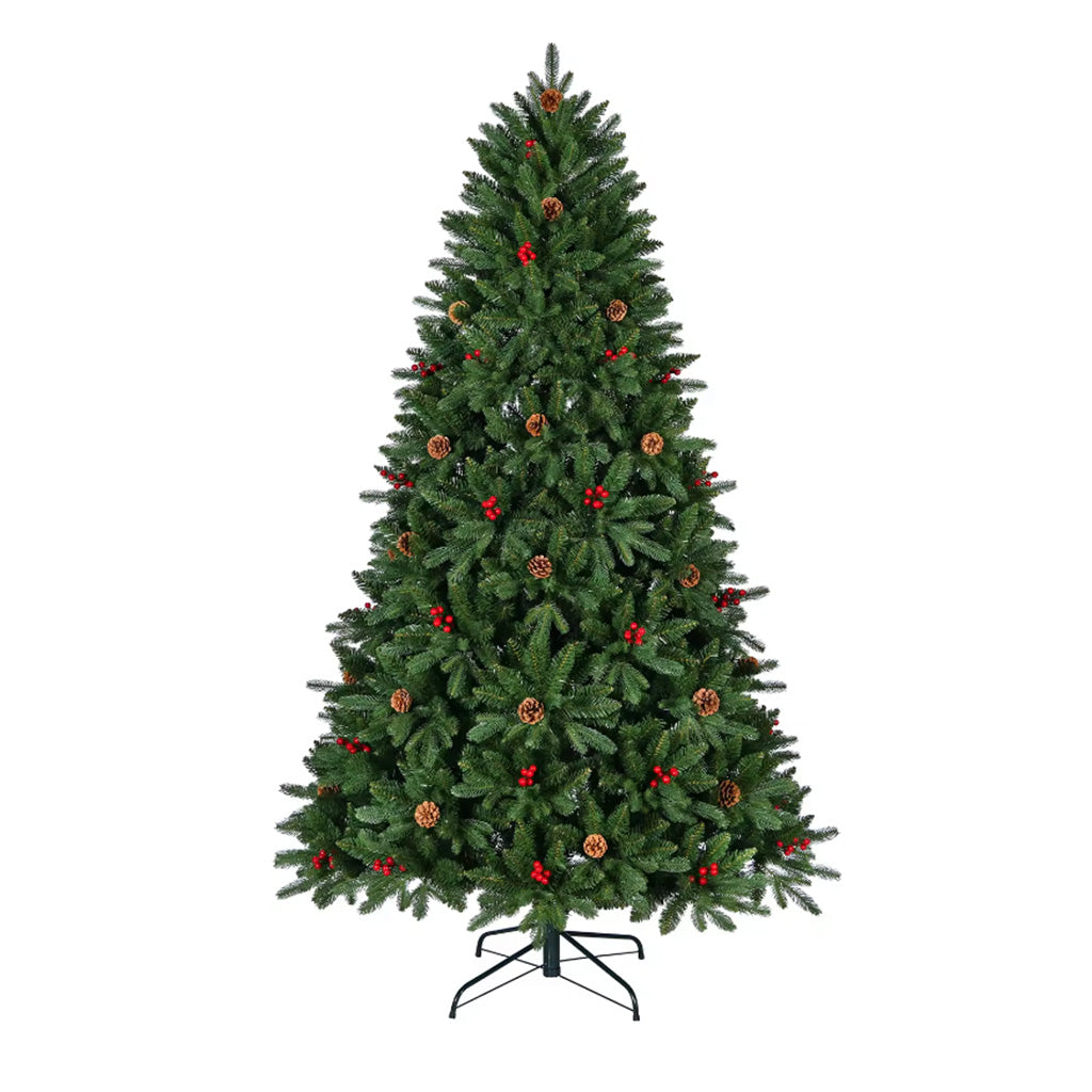 80 Inch Artificial Christmas Tree with Pine Cones Berries Green，Christmas Tree With Red Berry & Pine Cone, Premium Artificial Christmas Tree PE/PVC Branch Tips, Pre-Decorated Hinged Xmas Tree