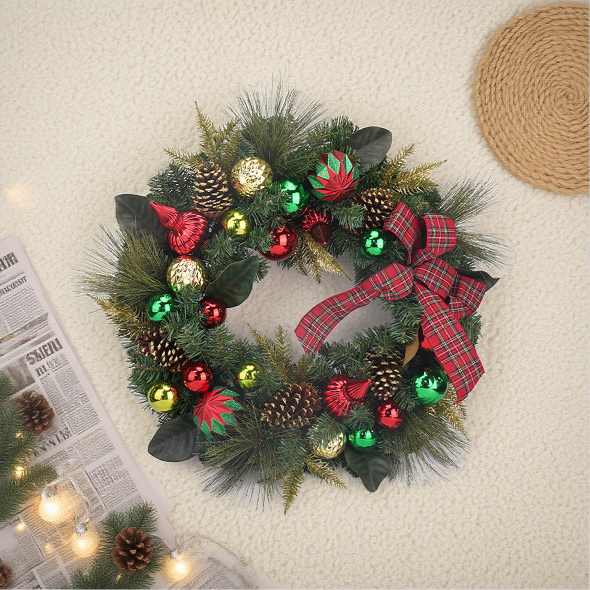 30 Inch Unlit Gold, Red and Green Balls w/Red Plaid Ribbon and Pine Cones Wreath，Christmas Wreaths for Front Door,Big Christmas Wreath with Pine and Berry, Red and Black Plaid Bow Cabinet Wreaths for Kitchen Christmas