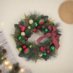 30 Inch Unlit Gold, Red and Green Balls w/Red Plaid Ribbon and Pine Cones Wreath，Christmas Wreaths for Front Door,Big Christmas Wreath with Pine and Berry, Red and Black Plaid Bow Cabinet Wreaths for Kitchen Christmas