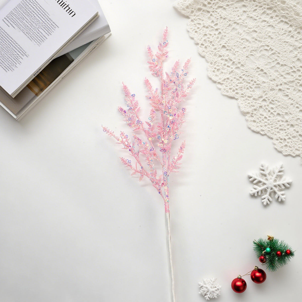 30 Inch Baby Pink Christams Picks，Glitter Powder Leaf Branch For Flower Arrangement Accessories Christmas Party Home Wedding Garden Decoration, Pink Blue Purple Glitter Sequin Cedar Spray, Artificial Christmas Spray