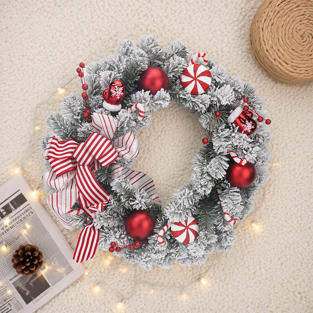30 Inch Candy Cane Red Balls w/Red and White Bow Snow Wreath，Peppermint Candy Artificial Pine Christmas Wreath, Wall or Door Hung, Grinch Whoville Design,Large Garland Ornament, Window Decorations Hanging Decorations Hotel Arrangement