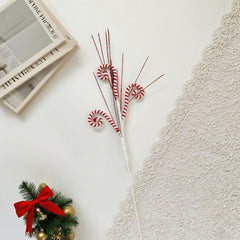 19.5 Inch Woolen Peppermint Pick，Red and White Cane Decorations, Gingerbread Theme, Peppermint Striped Christmas Decoration, Peppermint Tree Picks and Sprays, Red White Woolen Candy Curly Picks