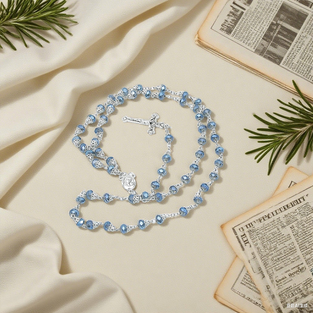 Blue crystal 8mm Beads Rosary with mary center and Crucifix，Religious Gift Rosaries, Catholic Rosary Necklace, Beads Rosaries, Jesus Crucifix Cross Rosary for prayer