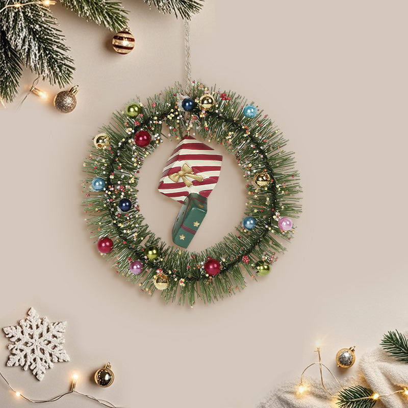 5 Inch Giftbox Wreath Ornaments，Glitter Small Wreath Decorations, Mini Christmas Wreath Ornaments Bells and Bow for Tree Hanging Home Decor and Wrapping for Holiday Celebrations, Mini Ball Wreath with Holy Family Animals Hanging Decorations,